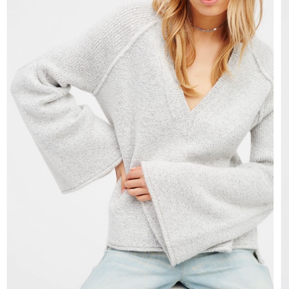 Free People Lovely Lines Gray V-Neck Sweater
Bell Sleeves